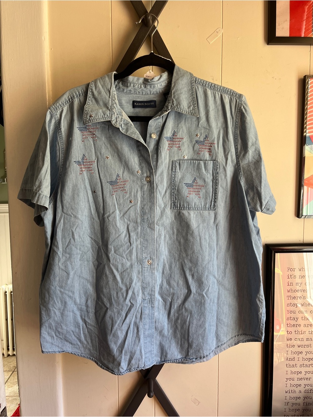 Karen Scott Light Blue Short-Sleeve Chambray Shirt with Star Studs